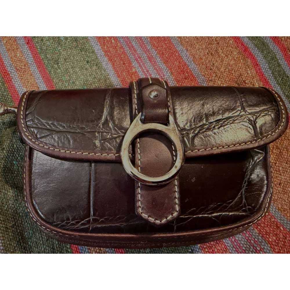 Dooney & Bourke Brown Croc Embossed Leather Wristlet Clutch Purse Snap Closure